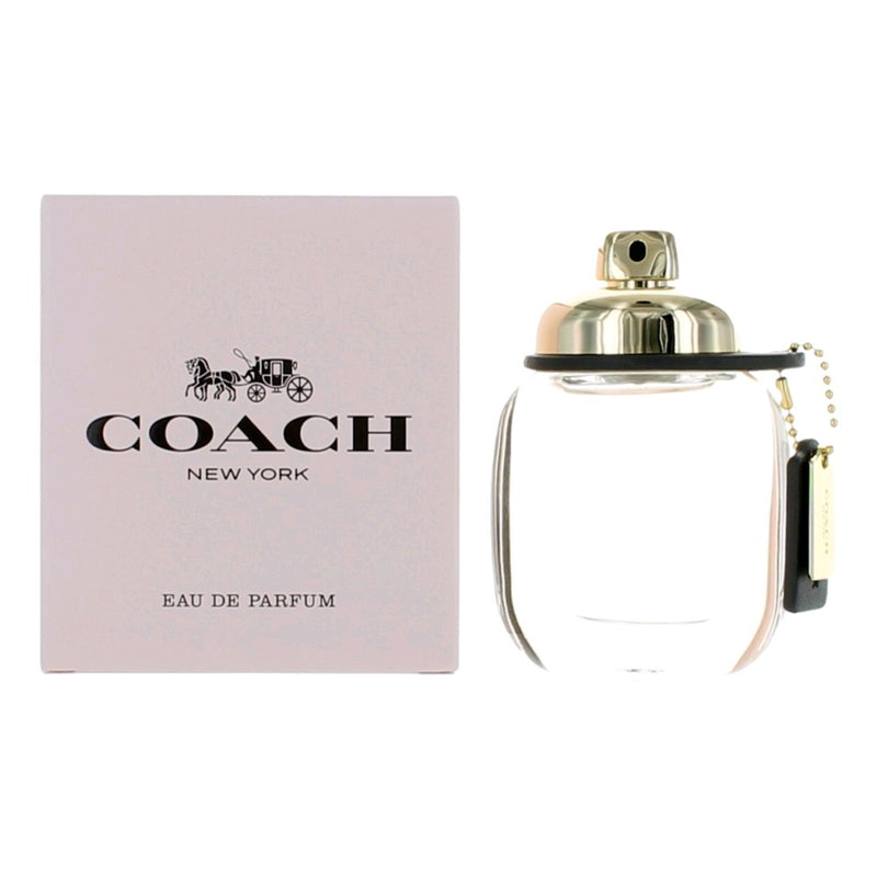 Coach by Coach 1 oz women's Eau de Parfum spray bottle with clear glass and silver cap, showcasing elegant design.