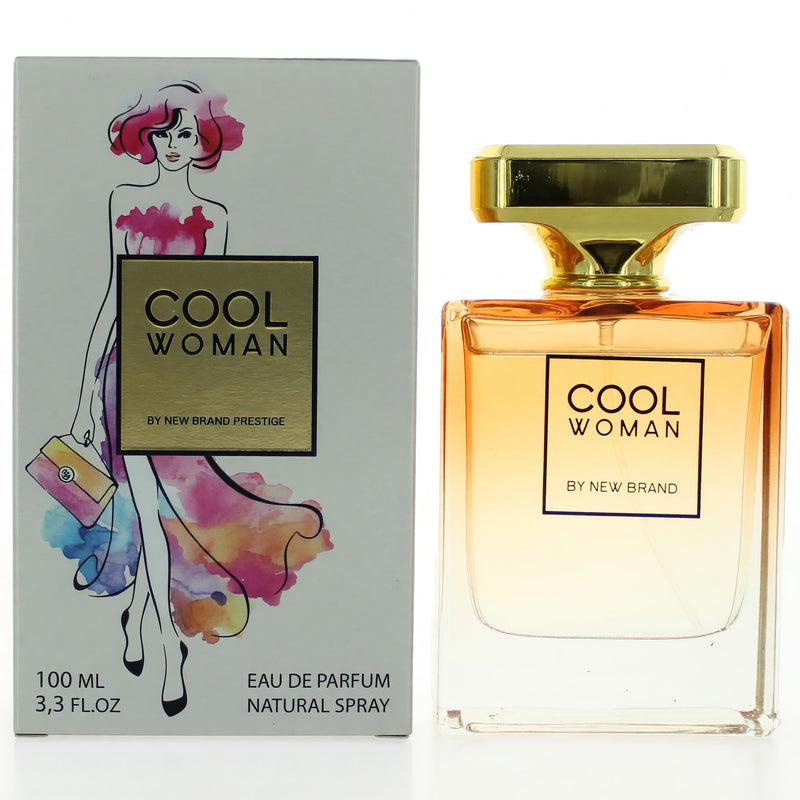 Elegant woman holding a 3.3 oz New Brand Cool Woman EDP spray bottle, showcasing its sleek design and fragrance content.