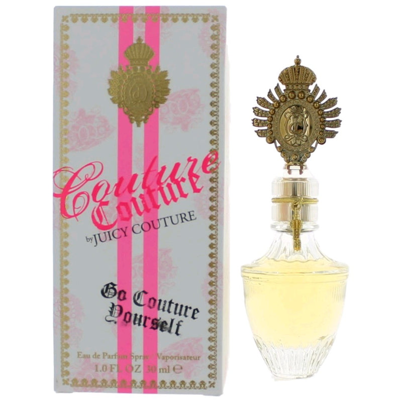 Juicy Couture Couture Eau de Parfum spray for women, 1 oz bottle, elegant packaging with floral design.