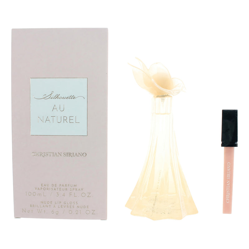 Christian Siriano Silhouette Au Naturel 3.4oz EDP spray for women with a tube of lip gloss, displayed on a neutral background.