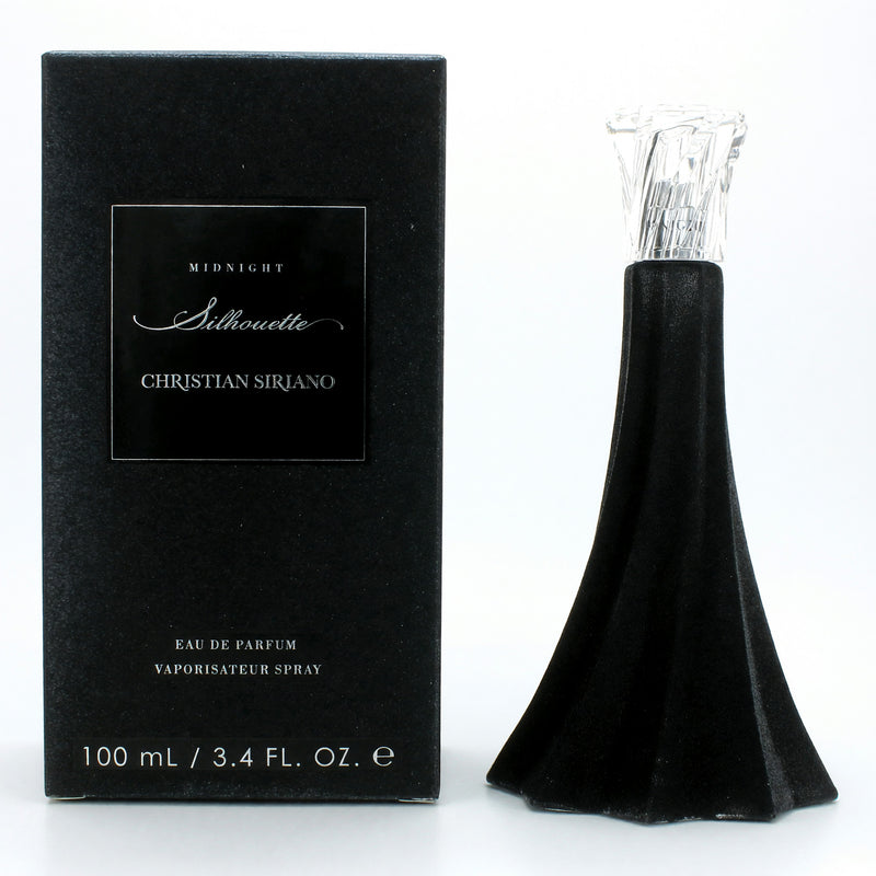 Christian Siriano Midnight Silhouette 3.4 oz women’s EDP spray with sleek black and silver bottle design.