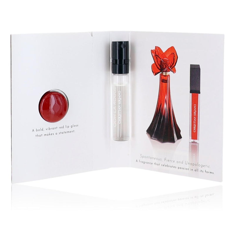 Christian Siriano Ooh La Rouge 0.06oz EDP spray sample with lip gloss, showcasing the perfume bottle and lip gloss packaging.