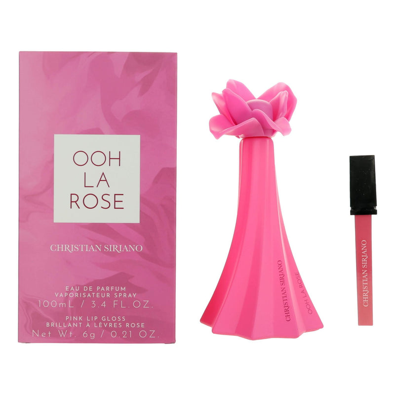 Christian Siriano Ooh La Rose 3.4oz women’s EDP spray with accompanying lip gloss, elegant floral fragrance and glossy finish.