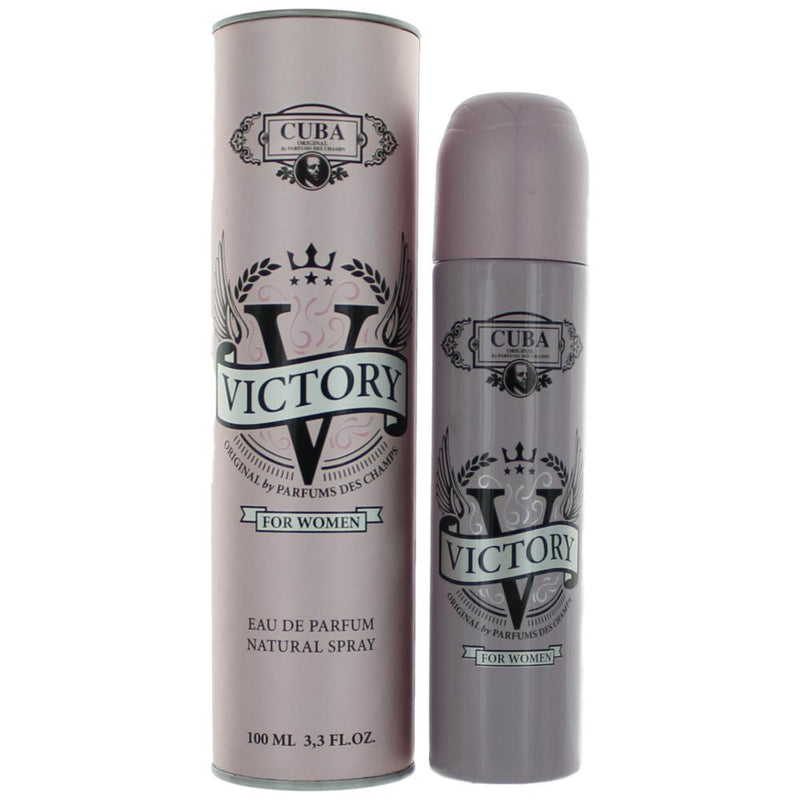 Cuba Victory women's 3.4 oz EDP spray bottle with sleek design, showcasing the elegant perfume packaging.