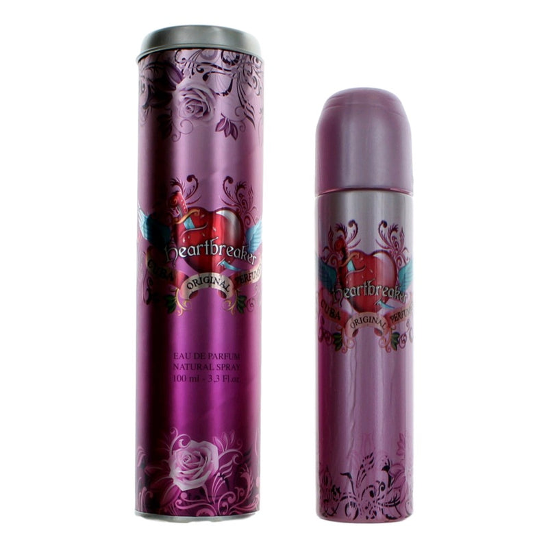Cuba Heartbreaker women’s 3.3 oz EDP spray bottle with elegant design and pink accents, showcasing the floral fragrance.