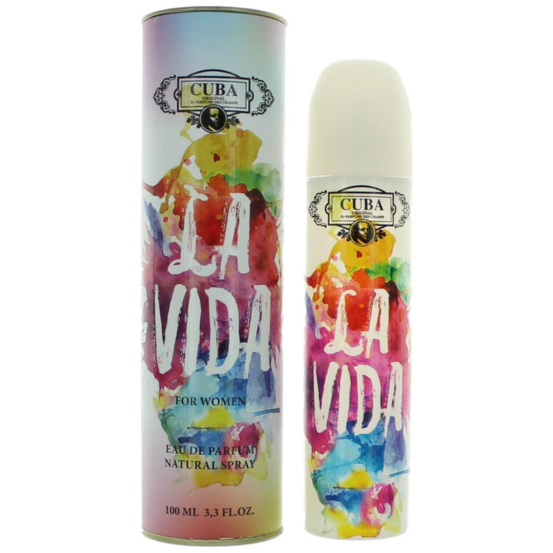 Cuba La Vida 3.3 oz women’s Eau de Parfum spray with elegant bottle design and floral fragrance details.