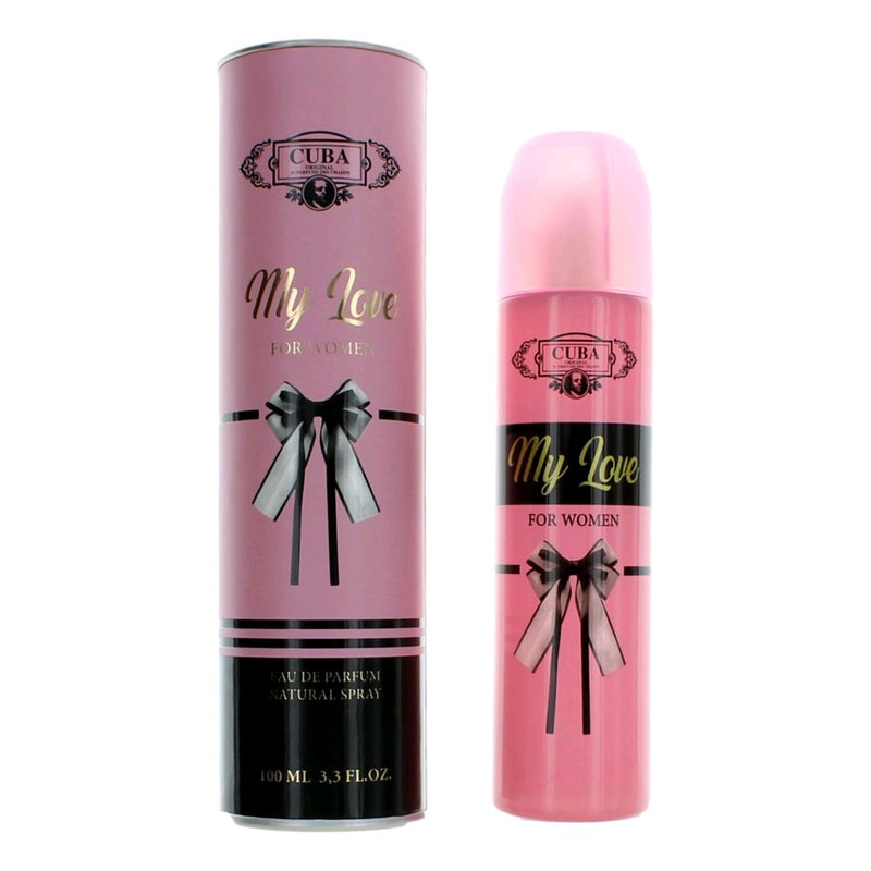 Cuba My Love women's 3.3 oz EDP spray bottle, elegant perfume with floral and fruity notes, in a stylish Cuba brand packaging.