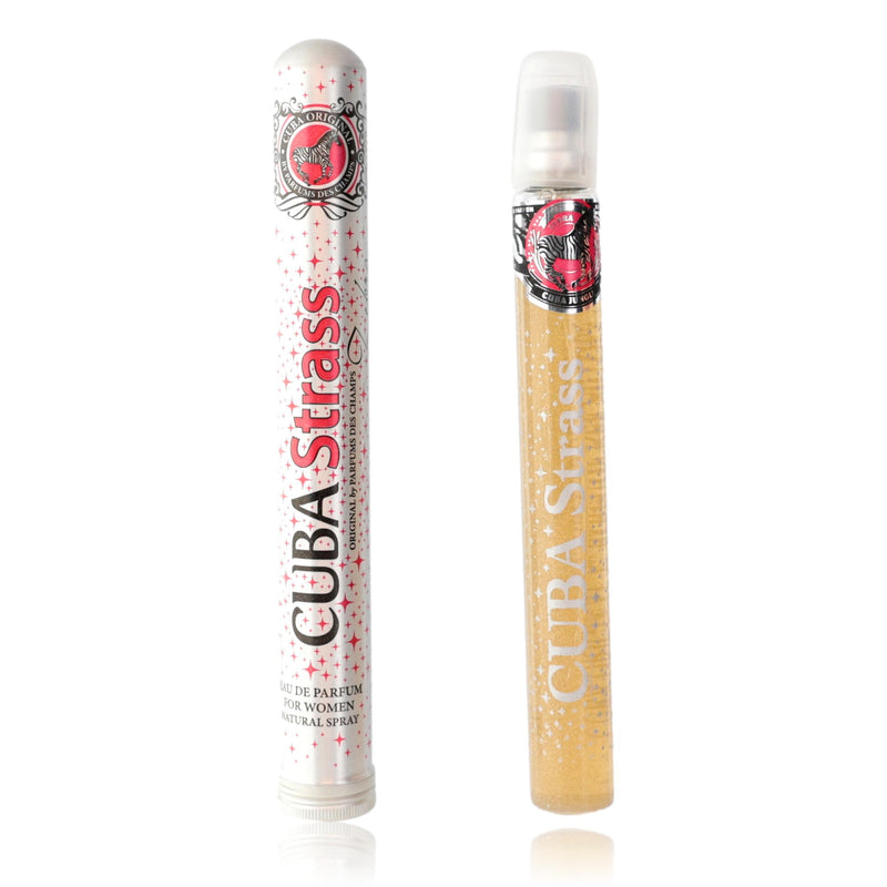 Cuba Strass Zebra perfume spray for women, 1.17 oz, glittering EDP bottle with zebra design and vibrant pink accents.