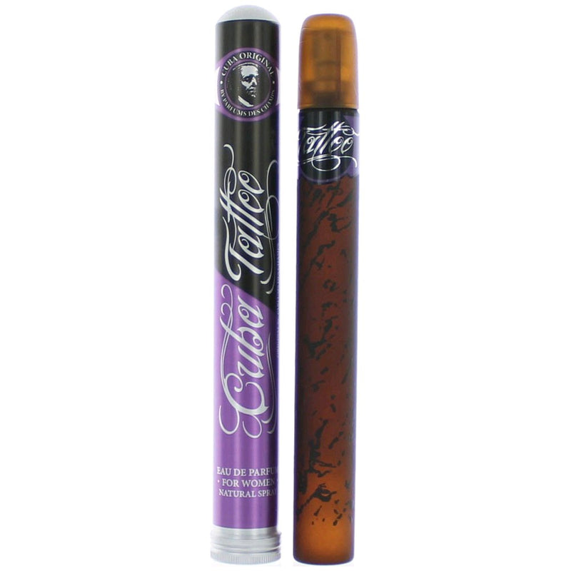 Cuba Tattoo 1.17 oz EDP spray for women, featuring a sleek bottle with a metallic cap and vibrant purple and pink floral design.