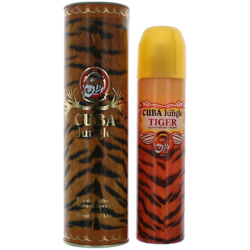 Cuba Jungle Tiger 3.3 oz women's EDP spray bottle with jungle tiger design and gold accents, elegant perfume packaging.