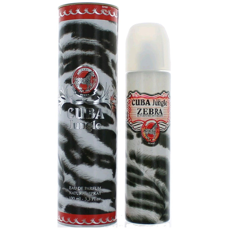 Cuba Jungle Zebra 3.3 oz women’s EDP spray bottle, featuring colorful jungle and zebra design, on a white background.