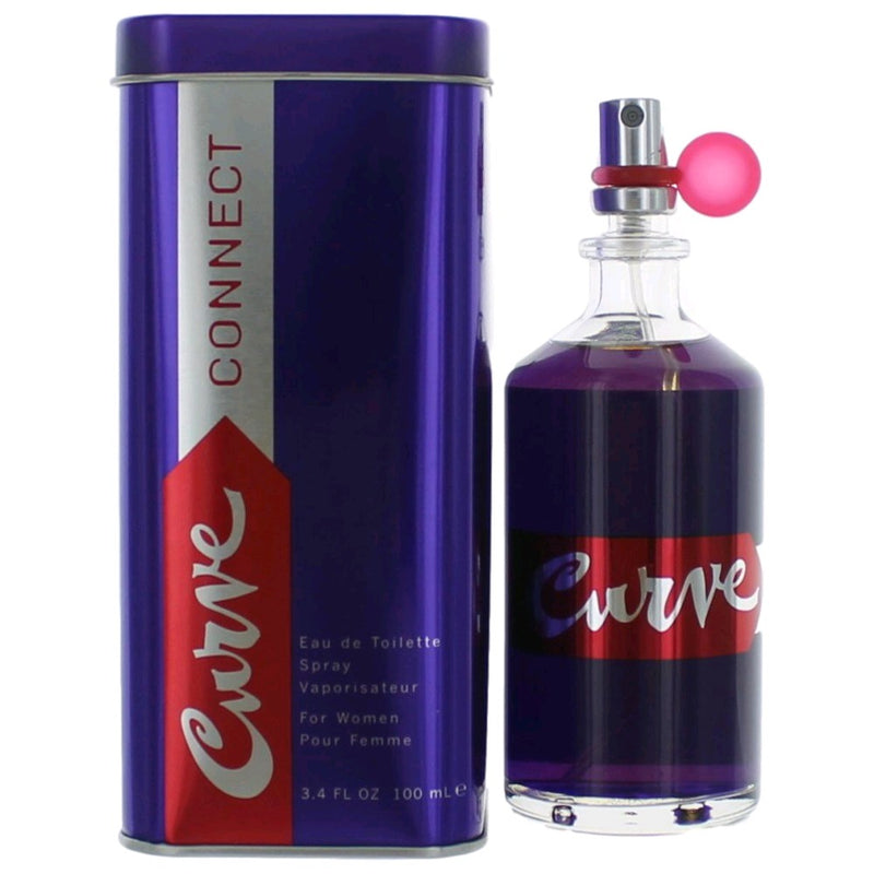 Liz Claiborne Curve Connect 3.4 oz women’s EDT spray bottle with a sleek design and blue accents.