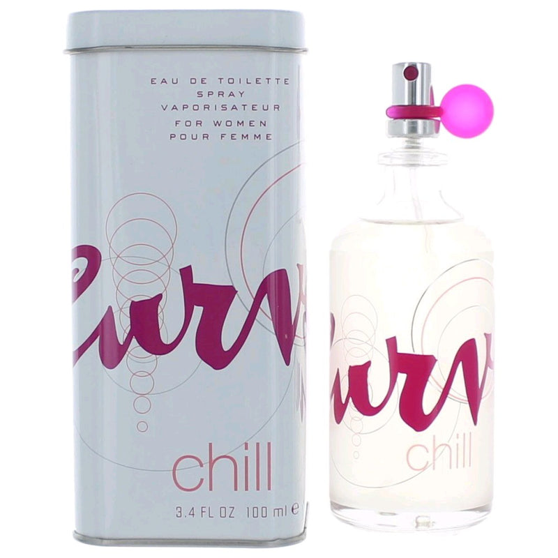 Liz Claiborne Curve Chill 3.4 oz women's EDT spray bottle with sleek design and blue accents.