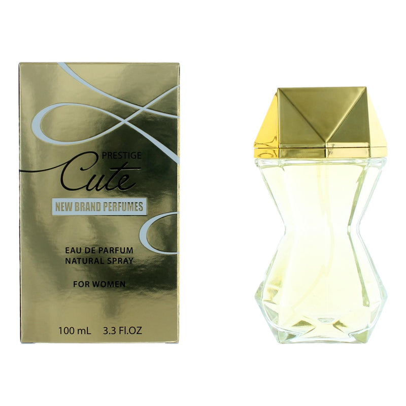Cute by New Brand 3.3 oz women's EDP spray bottle, elegant design and floral accents, showcasing the perfume's packaging.