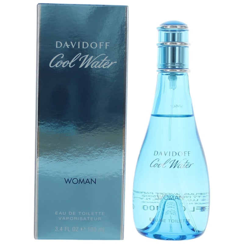 Davidoff Cool Water 3.4 oz women’s EDT spray bottle with blue liquid and silver cap, showcasing the iconic fragrance packaging.