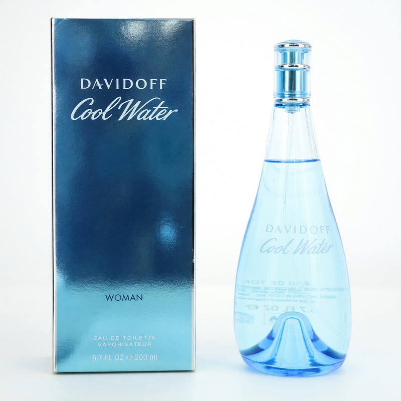 Davidoff Cool Water women’s 6.7 oz EDT spray bottle with clear cap and blue accents, showcasing the fragrance packaging.