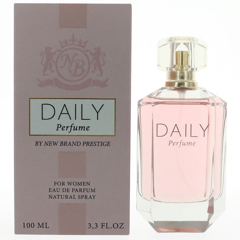Daily by New Brand 3.3 oz women's EDP spray bottle, sleek design with floral and fresh fragrance elements visible.