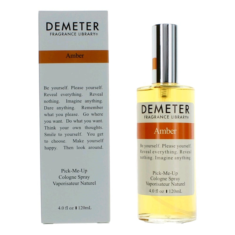 Demeter Amber women's cologne spray bottle, 4 oz size, with amber-colored liquid in a clear glass bottle.