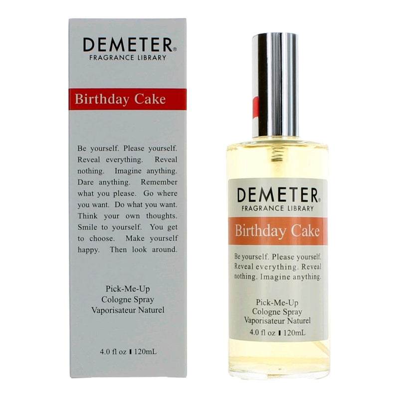 Demeter Birthday Cake 4 oz cologne spray for women, featuring a playful, sweet birthday cake scent with a decorative bottle.