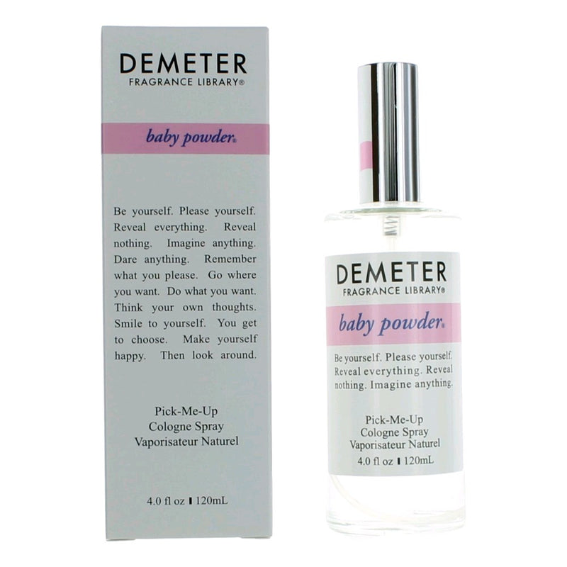 Demeter Baby Powder unisex cologne spray in a 4 oz bottle, featuring a soft, powdery scent suitable for all genders.