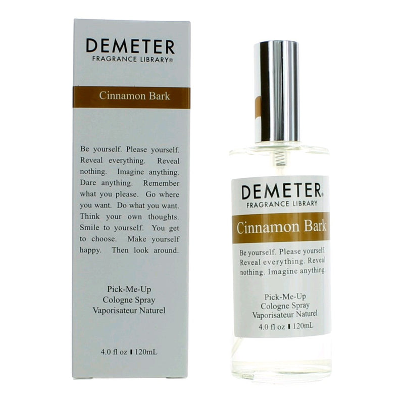 Demeter Cinnamon Bark cologne spray for women, 4 oz bottle, featuring warm cinnamon scent and elegant packaging.