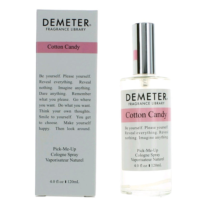 Demeter Cotton Candy 4 oz women’s cologne spray bottle, featuring a clear glass container with a white cap and colorful label.