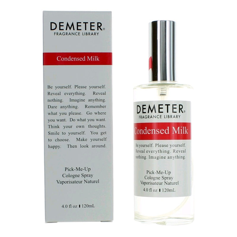Demeter 4 oz unisex cologne spray featuring condensed milk scent, physical product with a sleek bottle design.