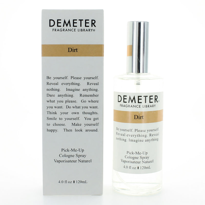 Demeter Dirt 4 oz unisex cologne spray with earthy, fresh scent, shown in a clear glass bottle with a spray nozzle.