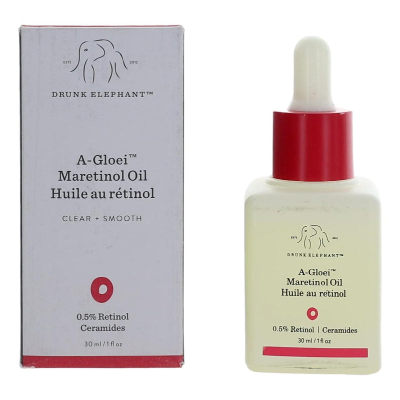 Drunk Elephant A-Gloei Marula Retinol Oil bottle showing the 1oz size and sleek packaging for skincare.