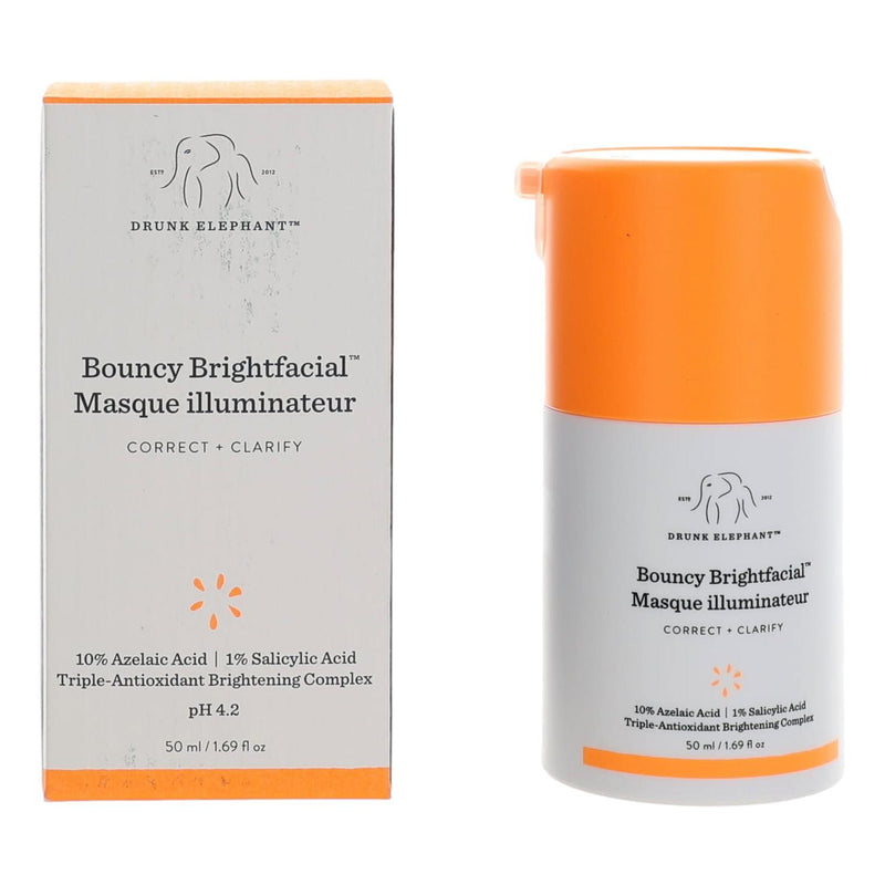 Drunk Elephant Bouncy Brightfacial physical face mask in 1.69oz jar, showing the vibrant, creamy mask texture with a smooth surface.
