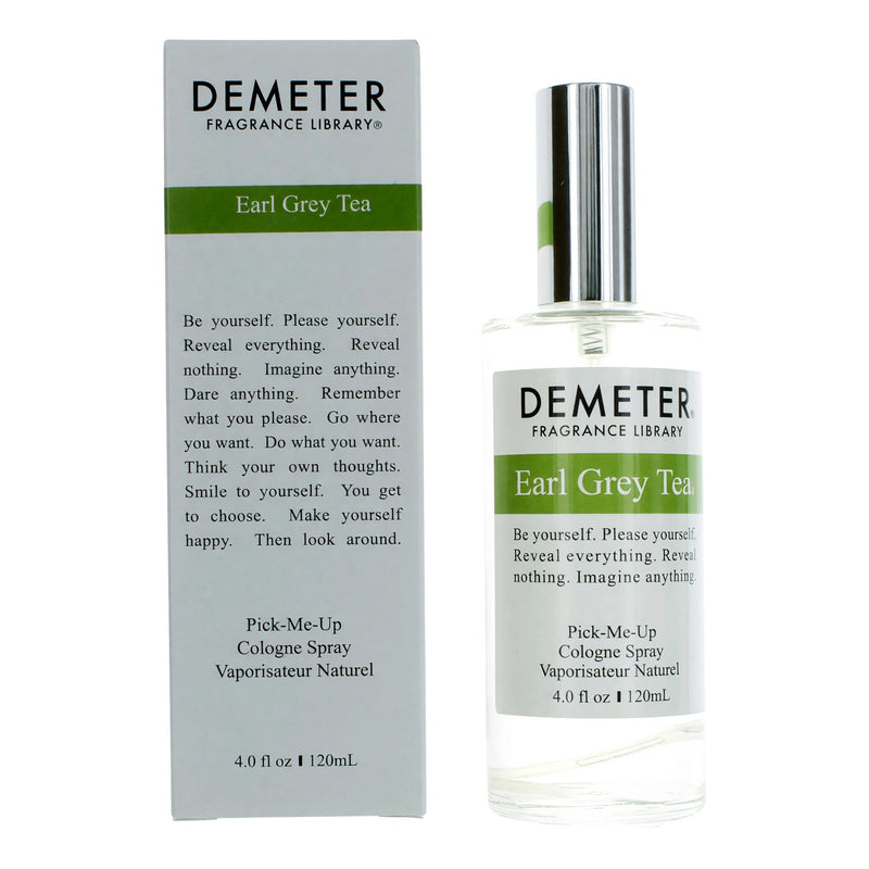 Demeter Earl Grey Tea cologne spray bottle, 4 oz, featuring a sleek design and label with Earl Grey tea imagery.