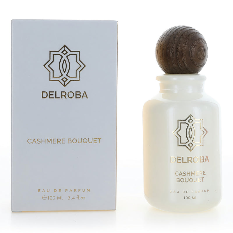 Delroba Cashmere Bouquet 3.4 oz women’s EDP spray featuring elegant perfume bottle with soft floral design.