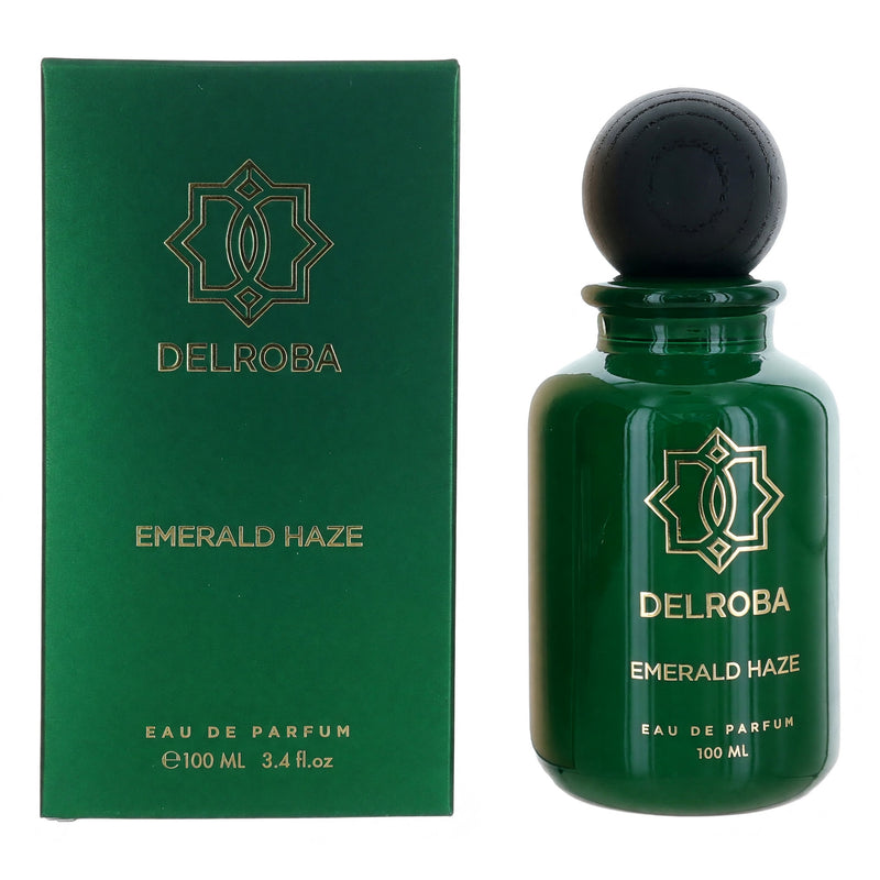 Delroba Emerald Haze 3.4 oz women's EDP spray bottle with elegant packaging and a fresh, vibrant fragrance design.