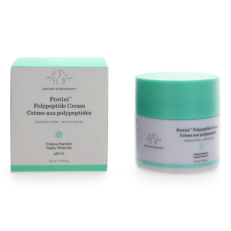 Drunk Elephant Protini Powerpeptide Cream in a 1.69oz jar, creamy face moisturizer with a smooth texture and white packaging.