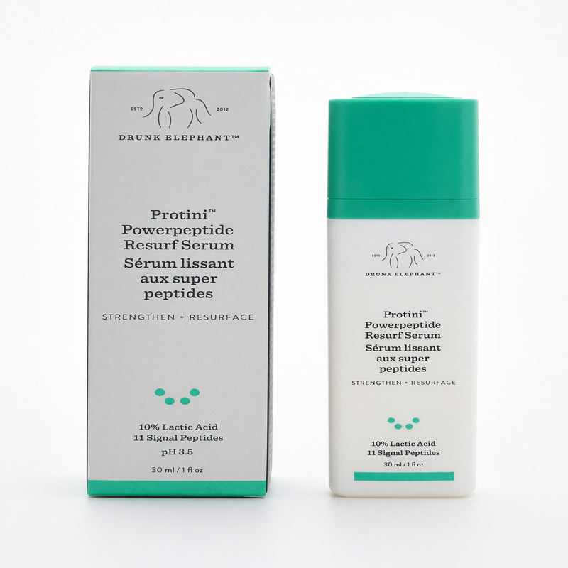 Drunk Elephant Protini Powerpeptide Resurf Serum 1oz facial serum in a clear bottle with pump dispenser, highlighting its physical texture.