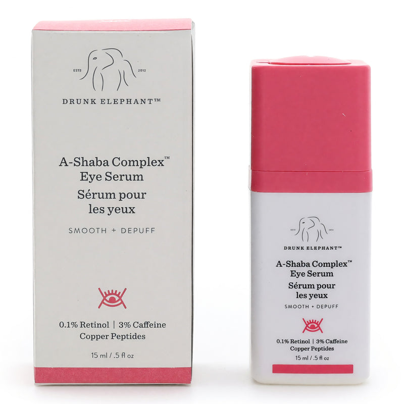 Drunk Elephant A-Shaba Complex eye serum in a 0.5 oz bottle, designed to target and brighten the under-eye area.