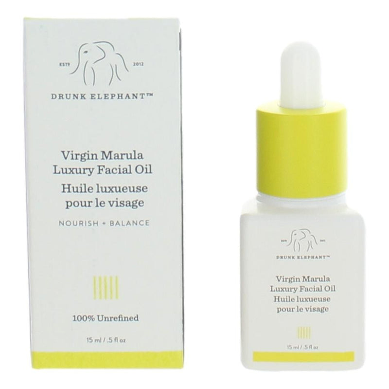 Drunk Elephant Virgin Marula Luxury Facial Oil in 0.5oz bottle, showcasing clear glass container with dropper cap and golden oil inside.