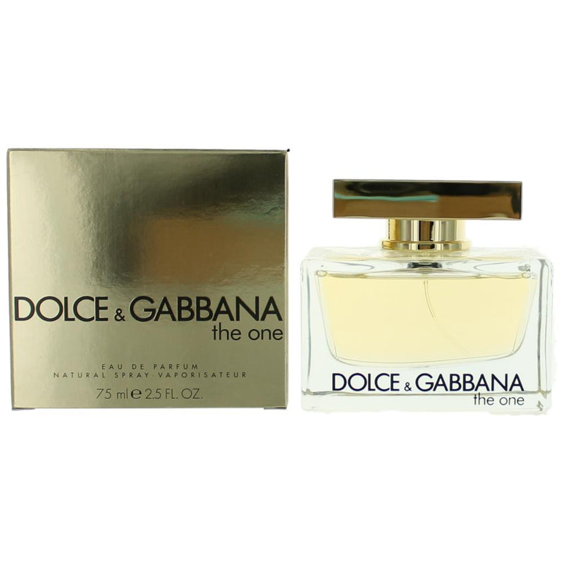 Dolce & Gabbana The One 2.5 oz women’s EDP spray bottle with elegant packaging and gold accents.