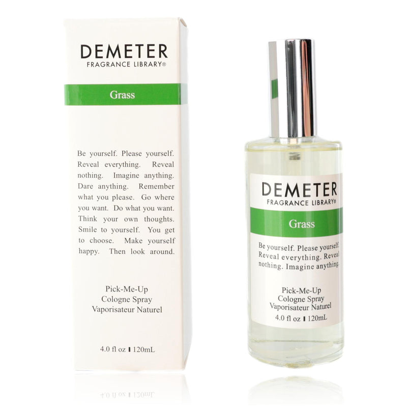 Demeter Grass unisex cologne spray bottle, 4 oz, with fresh greengrass scent and simple packaging visible in the image.