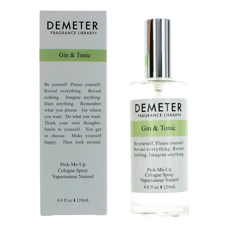 Demeter Gin & Tonic unisex cologne spray bottle, 4 oz, with clear glass container and label showing the fragrance name.