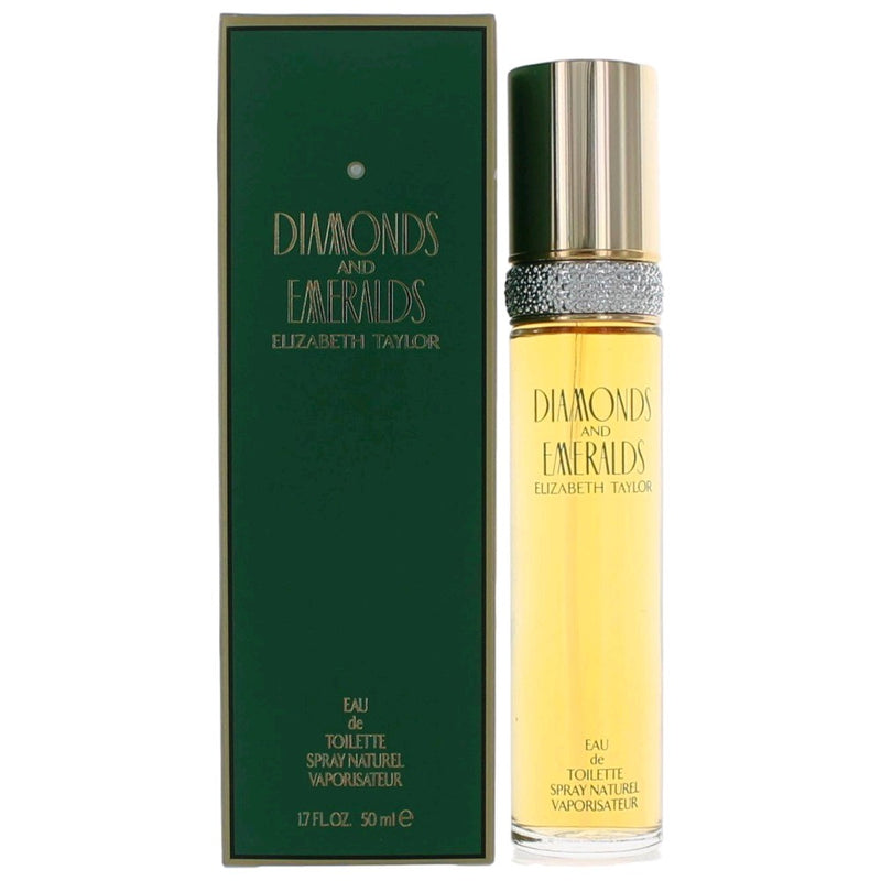 Elizabeth Taylor Diamonds & Emeralds 1.7 oz EDT spray for women, featuring elegant glass bottle with floral design.