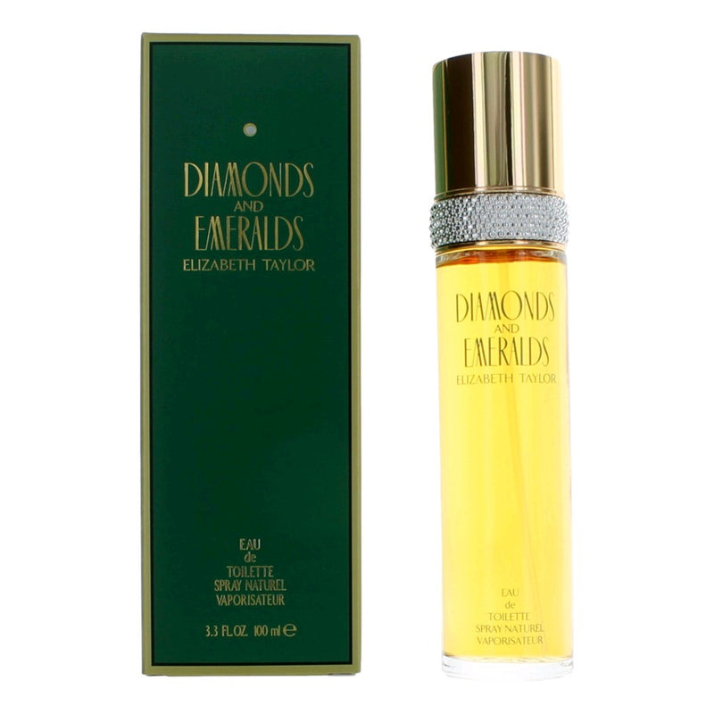 Elizabeth Taylor Diamonds & Emeralds 3.3 oz EDT spray for women, elegant floral fragrance bottle with gold accents