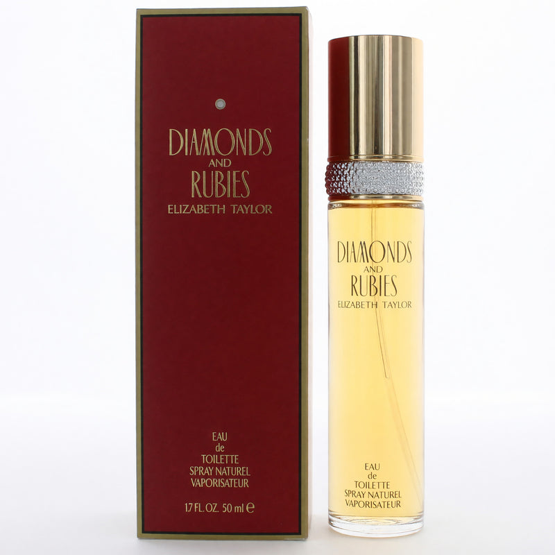 Elizabeth Taylor Diamonds & Rubies 1.7 oz EDT spray for women, elegant glass bottle with a jewel-inspired design.