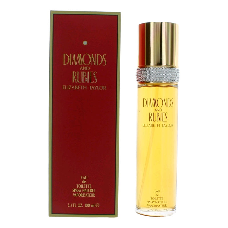 Elizabeth Taylor Diamonds & Rubies 3.3 oz EDT spray for women, showcasing the elegant perfume bottle and packaging.