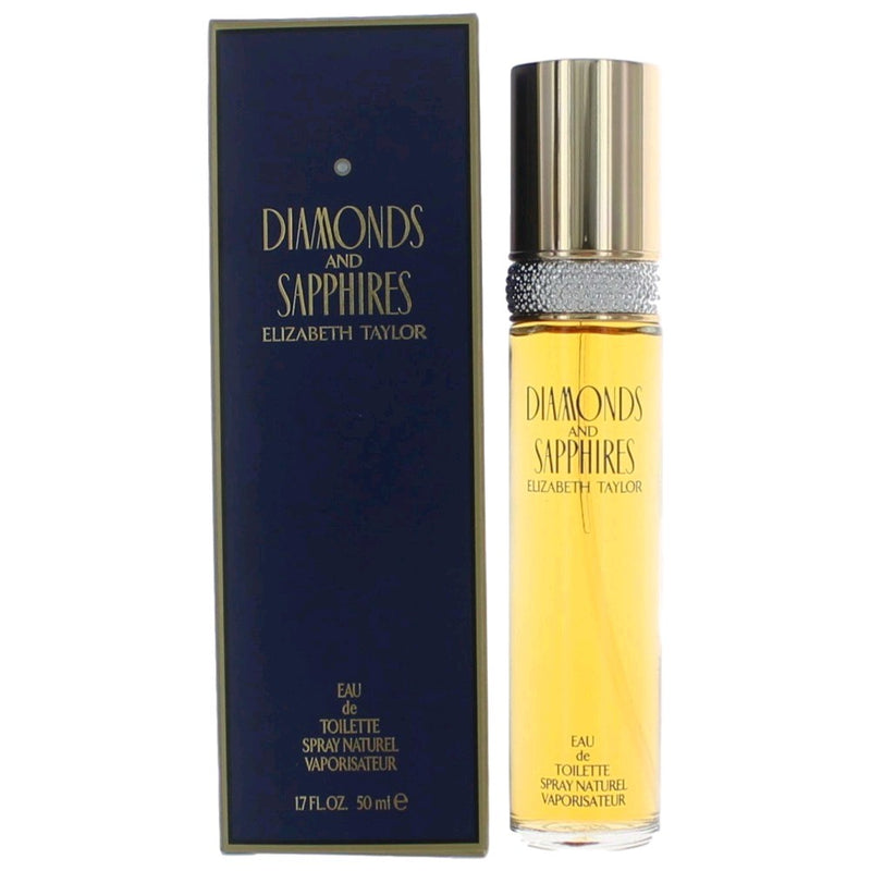 Elizabeth Taylor Diamonds & Sapphires 1.7 oz EDT spray for women, elegant glass bottle with gold accents and floral design.