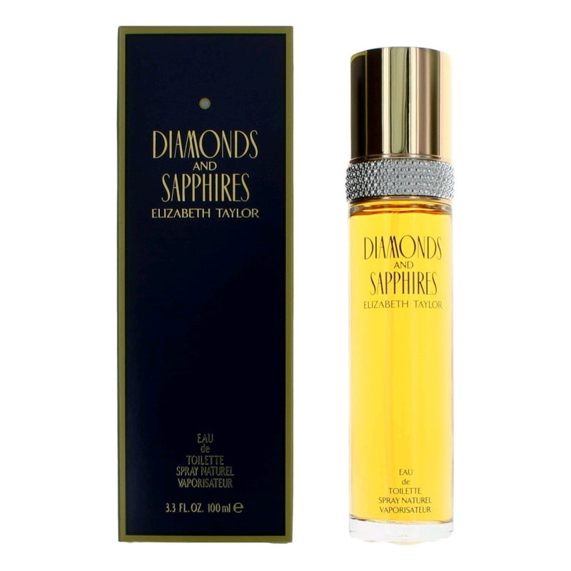 Elizabeth Taylor Diamonds & Sapphires 3.3 oz EDT spray for women, featuring elegant perfume bottle with sparkling design.