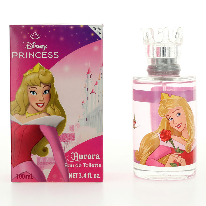 Disney Princess Aurora 3.4 oz EDT spray for kids, featuring a colorful bottle with Aurora's image and floral design.