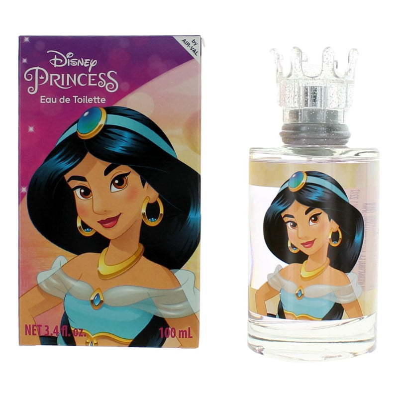 Disney Princess Jasmine 3.4 oz EDT spray for girls, featuring a colorful bottle with Jasmine's image and floral design.