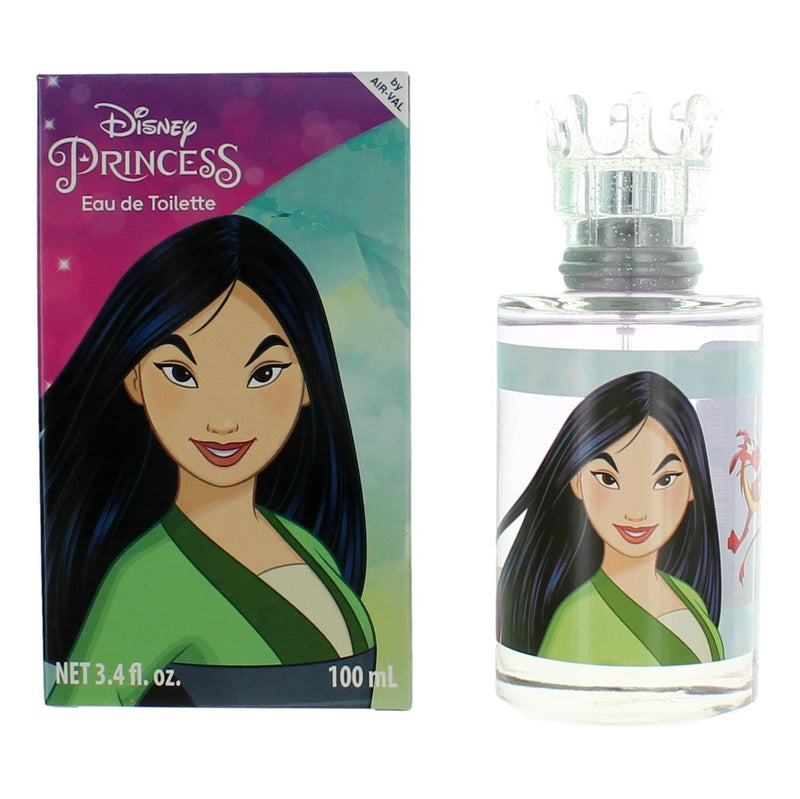 Disney Princess Mulan 3.4 oz EDT spray for girls, featuring a colorful bottle with Mulan's image and floral design.
