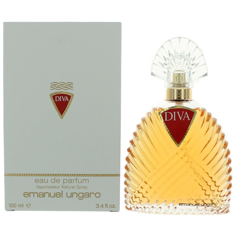 Emanuel Ungaro Diva 3.4 oz women's EDP spray bottle with elegant floral design and transparent cap.